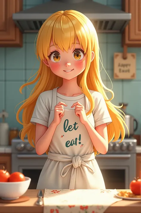 A girl with yellow hair, put on an apron, write the word let eat