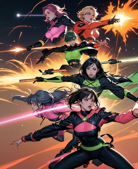 A brave and daring image of the six-woman Ranger team, Each is decorated with the following vibrant colors:: neon pink, Sunset Orange, Fire engine red, plasma violet, Fluorescent Green, shocking yellow. A dynamic pose with a background that oozes energy an...