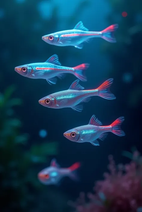 Neon tetras with a blue and a red stripe who are thin and a round mouth