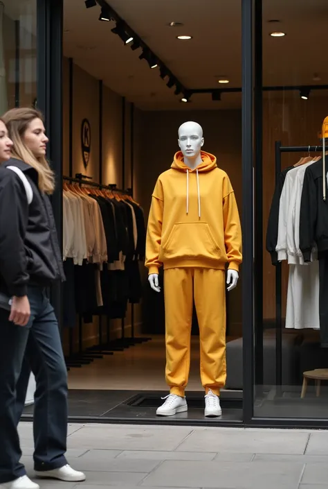 A high quality image of a high end luxurious fashion store, by standers can see through the transparent glass, the maniqines that are arranged, with high end quality trendy sweat shirt  without kangaroo pockets and matching sweat pants worn on them to show...