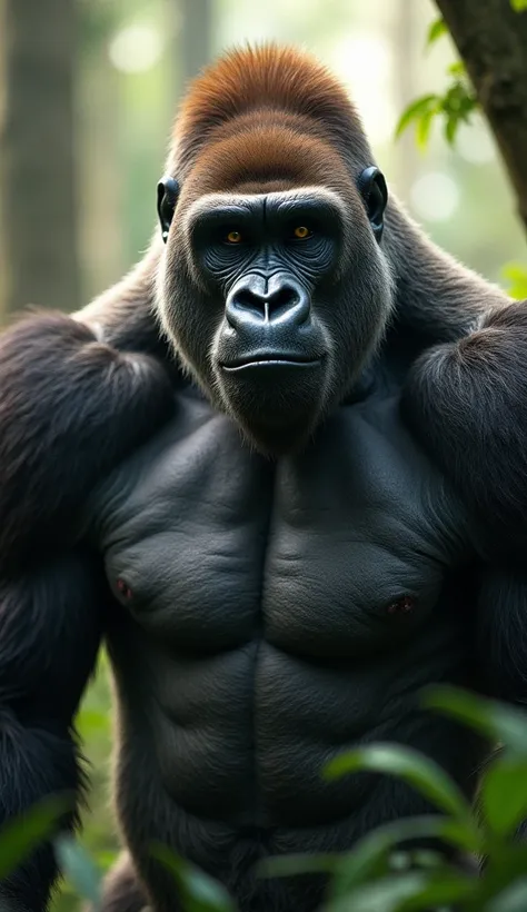 art photo, a commanding portrait of a powerful gorilla in its natural habitat, exuding strength and dominance. The gorillas muscular build and broad chest are prominently displayed, with its intense gaze directed toward the viewer. Its fur catches the natu...