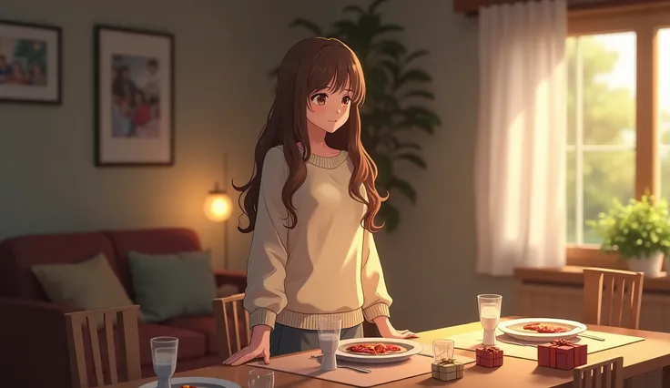 anime style:
cozy, well-lit living room with neutral colors and comfortable furniture. The young woman, with long, wavy hair and a friendly, inviting smile, is now standing next to a dining table set for a family gathering. She is dressed in the same cozy,...