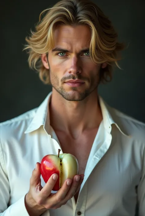 A handsome.smirking,golden blond hair man  with blue eyes holding a white apple with red flesh inside.wearing a half unbuttoned white shirt 