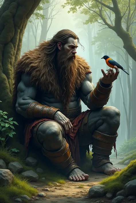 A deep, tall, strong, very muscular, sad, terrible, tragic, full-brown-bearded, long-brown-haired, dirty, injured, wild, dark grey skinned, broken giant berserker wearing a wild long bear cloaks and heavy, rusty iron armor, sitting alone and pensive under ...