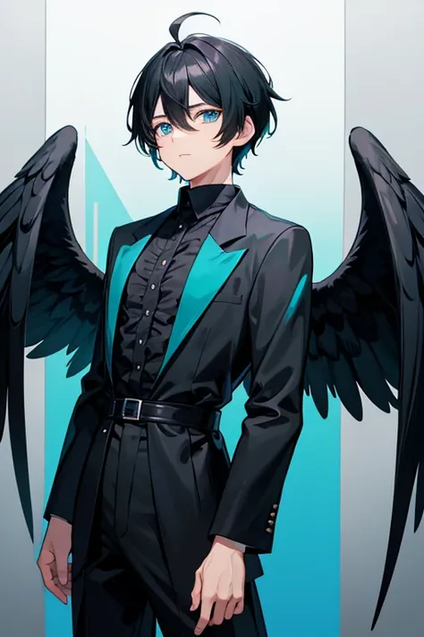  One Beautiful Boy 　 black hair　 short hair　Ahoge　Turquoise eyes　black and teal clothes　Black angel wings