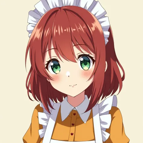 Beautiful 18 year old girl,  big eyes,  Big Breasts , Small and slim, 8k, top quality, ( very detailed head: 1.0), ( very detailed face : 1.0), (Highly detailed hair: 1.0),  Mustard Colored Maid Outfit ,  very detailed official artwork,  Anime Moe Art Styl...