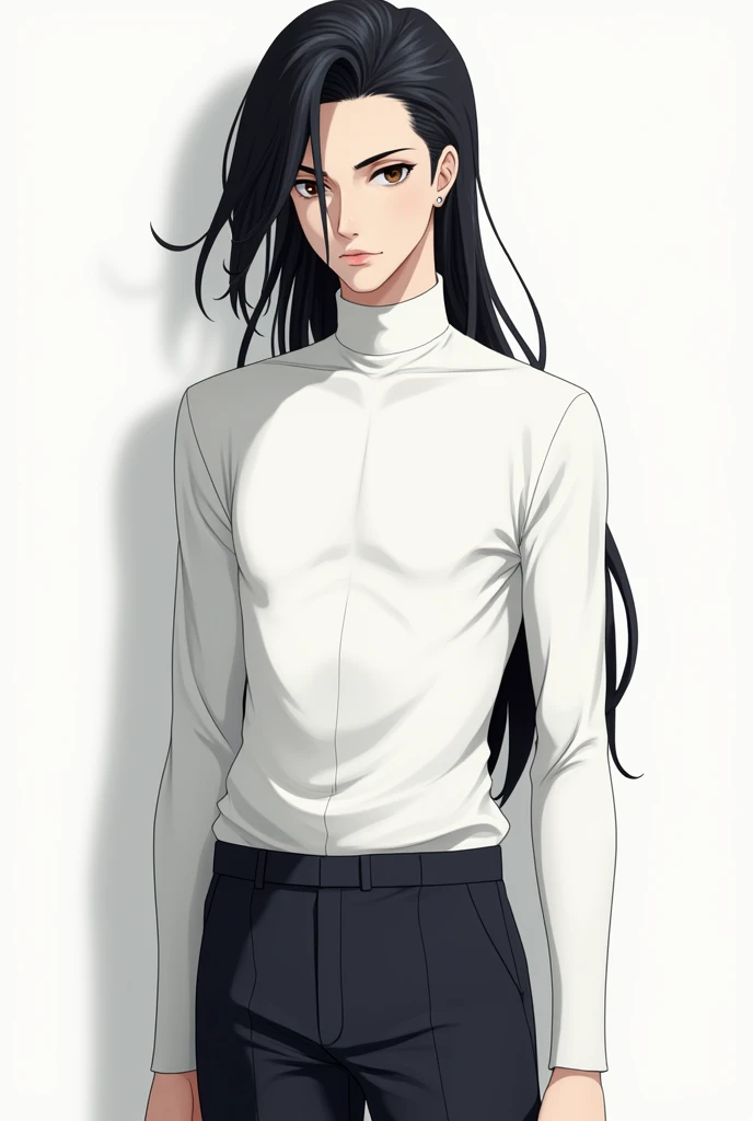 man , skinny with long black hair in a white turtleneck and tight pants anime style 