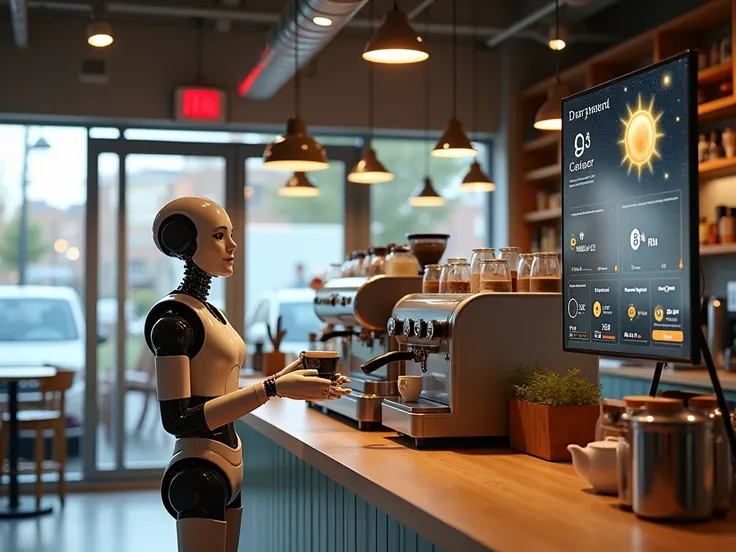  coffee shop. T has a coffee serving robot and a coffee maker robot.,There is a mirror next to the store as a holographic page showing weather information.,There is a CCTV camera on the ceiling , showing everything inside the shop. 