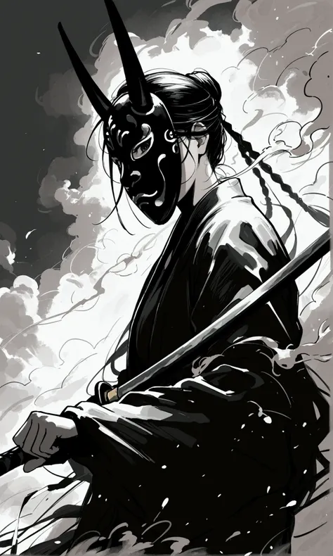 masterpiece, black and white style, only use two-color abstract painting in black and white, a monk warrior in simplified robes, wearing Yasha mask inspired by Noh masks, he is staring at the viewer,He is facing the front, he is swinging down 1 massive Nag...