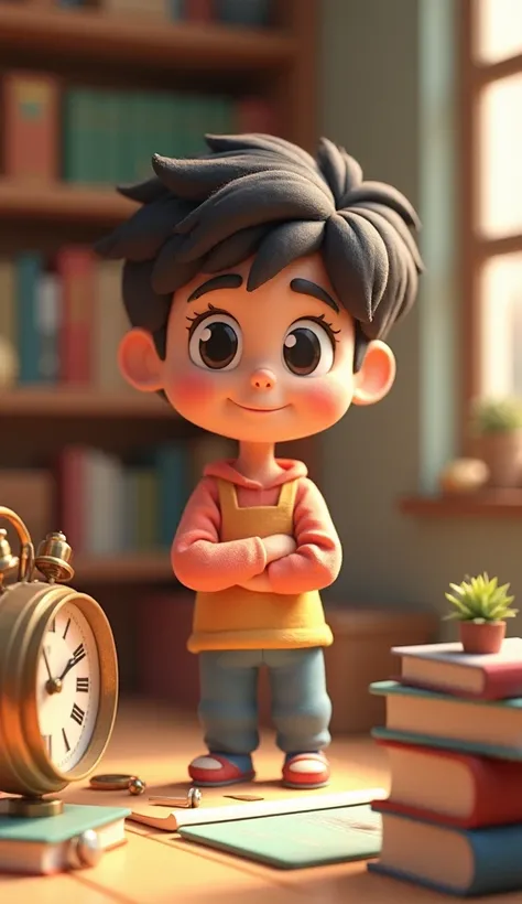 3D pixer cartoon pakistan
A person organizing books, setting a clock, and smiling confidently while studying.