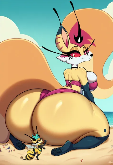 Beelzebub, Queen of the gluttony, giantess, curvy fox woman, bee fox furry, bee fox tail, bee fox ears, earrings, yellow fur, long Ponytail orange and yellow hairstyle, red sclera eyes, white eyes, big breast, colossal fat ass in bikini, colossal butt, han...