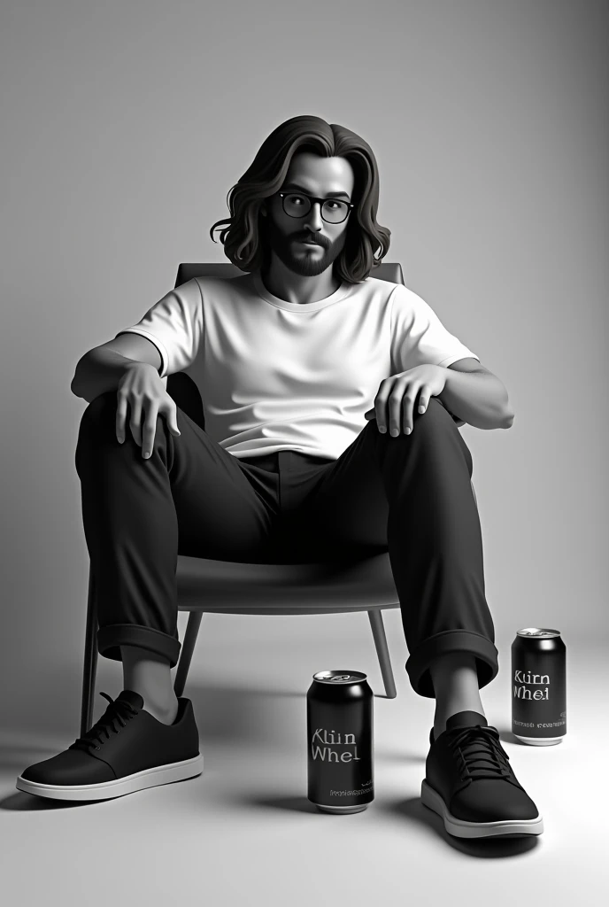 A half of man sitting down  and  a chair is  in front of him. 3 beer cans  beside him . Wearing a glass and long hair , classic white T-shirt and black style pant , Black sport shoes. Only black and white drawing 3D HD photo