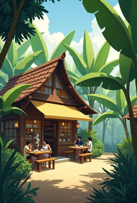 There are many banana trees in the back of a tea shop in the village of the village, people are drinking tea in the tea shop.