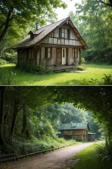 Scenery of an uninhabited, shabby house surrounded by a grassy forest
