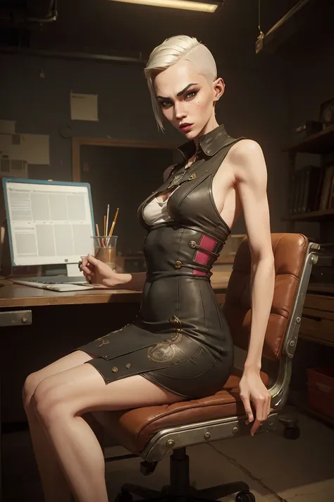 (Masterpiece:1.2, Best quality, cyberpunk), (real photo, Intricate details), (1lady, solo, Slender body, small breast,)，old face  Experiment with appearance：Shave your head or white barbershop style short thick hair color，Barbershop style, Quiff hairstyle,...