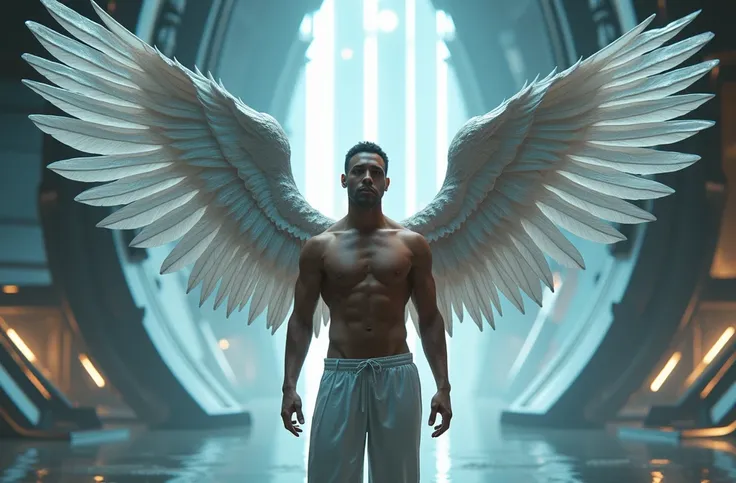 man with white shirtless wings in a futuristic setting, silver 