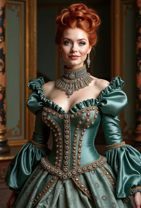 A beautiful Aristacrat woman with large elegant, fullbody shot, full body photography, whole body, high closed satin dress , dress is decorated with many crystals and rhinestones  with turtleneck and ruffles and with long sleeves, super tiny  laced waist, ...