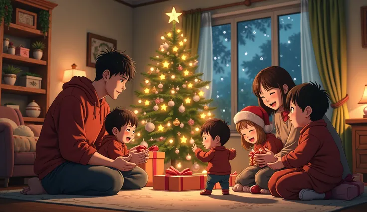 anime style: Christmas decorations, A family gathers around a beautifully decorated Christmas tree, exchanging gifts and sharing stories. The room is filled with laughter and warmth. The focus should be on the emotional connection between the family member...