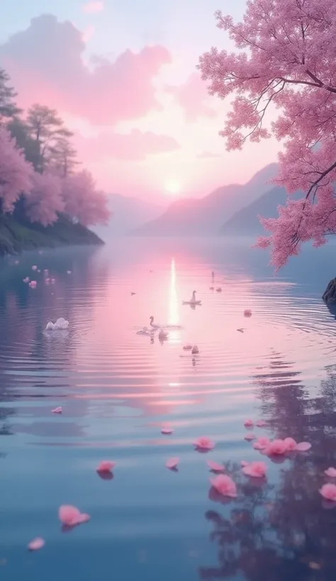 A serene lake with standing water reflecting a soft pink sky ,  surrounded by blossoming flowers and gentle ripples that capture the last pink glow of the day.