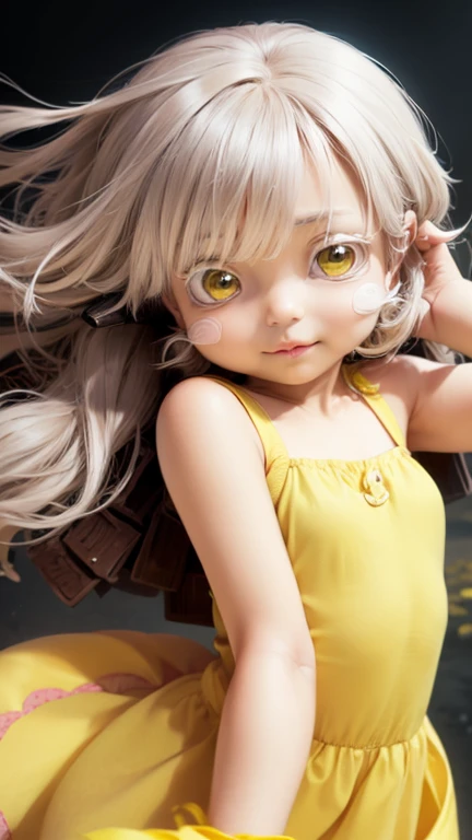    1 girl, Gray Hair,   hair fluttering in the wind,  with bangs, Eyes and lips.  (((chibi style,))) .  The image quality is excellent,      Detailed and realistic features    . The medium of this work is、            I created an illustration    .. The col...