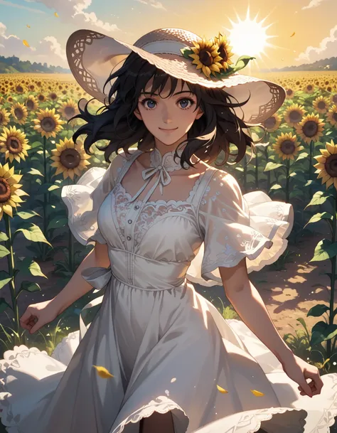 fuwa aika,1girl,solo, (White lace dress:1.2),flowing dress (sun visor hat:1.2), Sunflower field, under the sunlight, light smile,looking at viewer, wind, dynamic, strong light and shadow,dynamic pose,