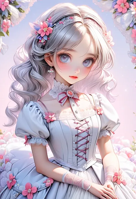 1 cute girl 、 ligne claire, contour deepening beautiful detailed glow, by famous artist,  head tilt, long white hair, curly hair, Air bangs, Grey hair, beautiful detailed hair, Beautiful face, ^ ^, lovely big eyes, flat chest, zettai ryouiki, ターコイズカラーのドレス ...