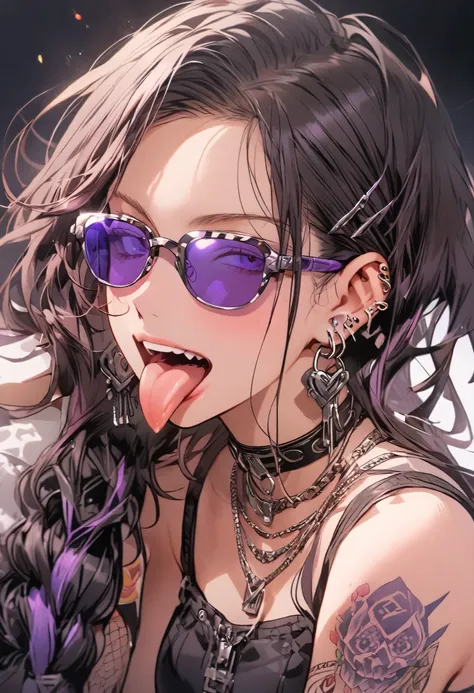  purple , tongue,   boys,  earrings for a woman alone,  purple , purple sunglasses、tattoo