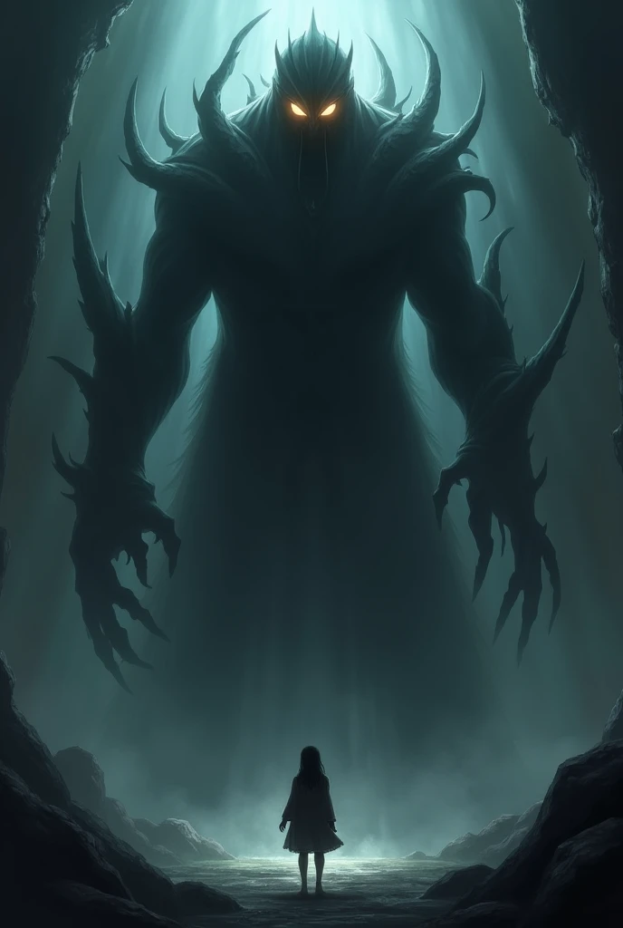 A climactic image of the shadowy figure, fully revealed. It towers over Mia with an otherworldly aura, its glowing eyes searing through the darkness. Its form is a mix of shadow and unnatural sharpness, with distorted limbs and an aura of malice.