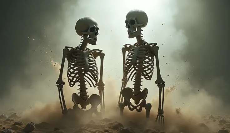 photographic, realistic,  very detailed, lots of dust,  Animated real skeletons crumbling into dust ,  environment with fog with a backlight marks the details of the skeletons, Are standing half disjointed 