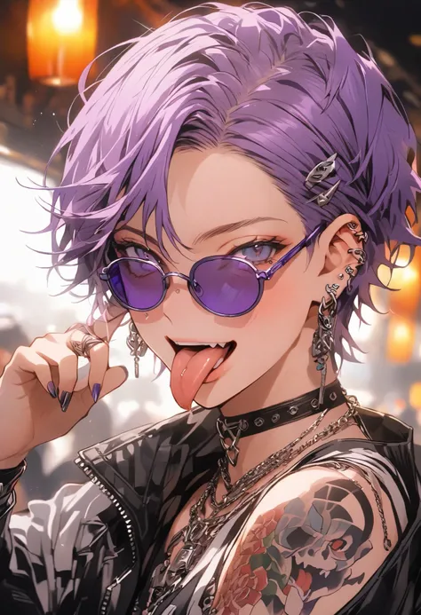  purple , tongue,  maleの子,  earrings for a woman alone,  purple , purple sunglasses、tattoo、Purple Hair、male、20代male