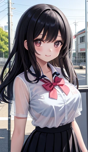  one girl 、AS-Adult、smile、 shirt、 skirt、Kirarhythm、 Japanese High School Student Uniforms、Seraph、Summer clothes、（See-through bra）、Upper body portrait、wind、Lori figure 、 long black hair, big breasts