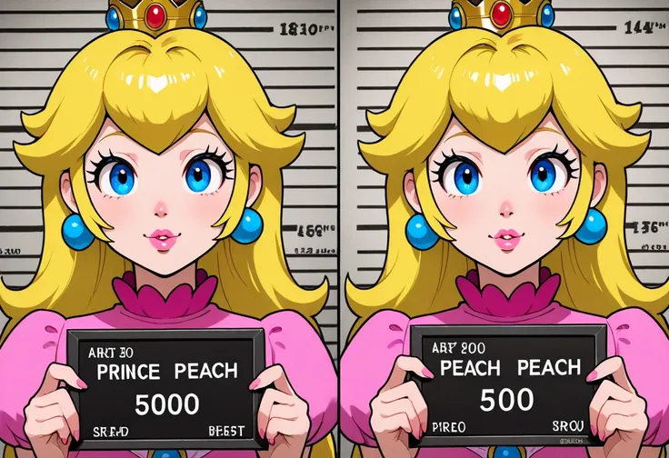 mug shot, Princess Peach Mugshot. Split Screen, Photos taken from the front and left side.  A photograph of the person taken after the arrest