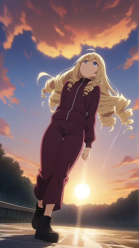 upper body, a girl, facing up, blonde, long hair, drill hair, ahoge, blue eyes, slant eyes, narrow eyes, maroon sportswear long pants, maroon sportswear, Black platform boots, squatting, arms behind back, orange sky, light rays, evening, huge sun, backligh...