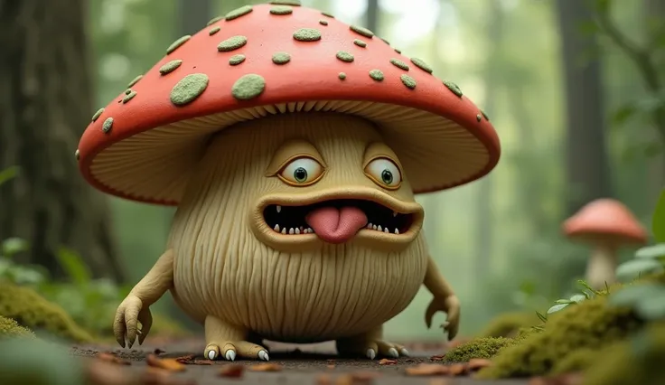 Mushroom Monster、 The mushrooms body is beige, 、 fine lines are drawn to express a natural and organic appearance 。 the red umbrella is large, rounded 、 There are irregular green spots reminiscent of toad mushrooms Its stuck。 The characters expression is c...