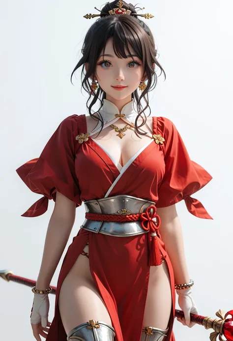 (((masterpiece))),(((highest quality))),White background, Adorable and cute smile, Illustration with a touch of modern Japan, Cute and beautiful Japanese like an idol, standing pose, cowboy shot, Thighs, Look at viewer, Stunning face, Brightly lit studio s...