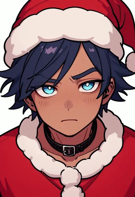 (Half body) , (close UP man face) , 1Man boy with tanned skin , with blue eyes , and blue dark short hair , tsundere look with a arrogant look , look at the camera , beautiful eyes , wearing a collar and christmas outfit and christmas hat , Twitch emote Ne...