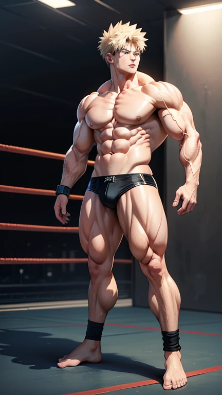 (A detailed drawing of Bakugo katsuki , Bodybuilding-Wrestlingring.), With a naked torso, oiled body, Ripping clothes, the strongest of all, huge muscular body, big Bizeps, big shoulders, Muscle legs,abs, Barefoot, Martial arts, high step, Full body image,...