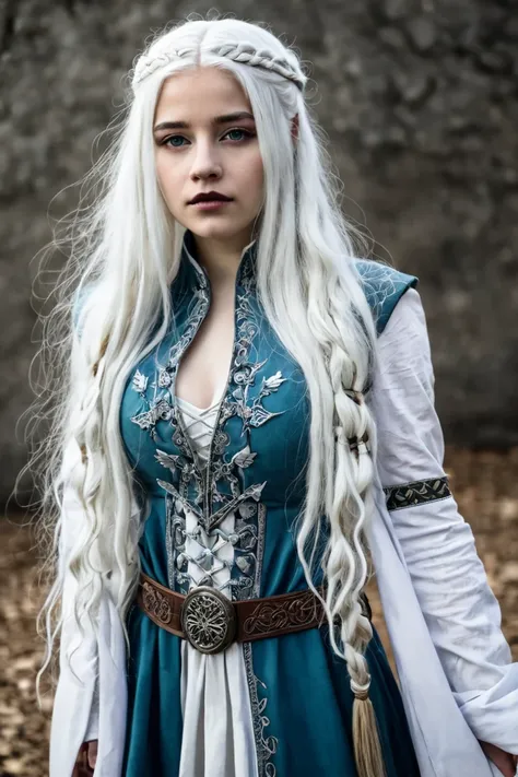 A girl with long white hair dressed in the style of Game of Thrones 