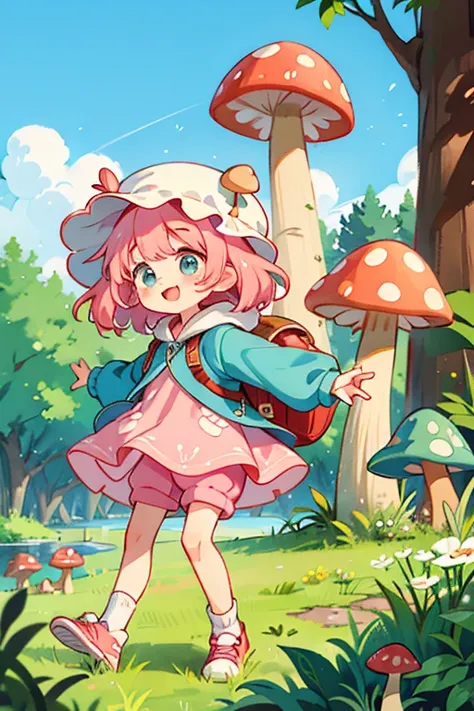 (( top quality)),  (  Details), (mushroom pattern hat)， pink hair ，In the forest where mushrooms grew，lake， shorts with ruffle hem，Big backpack on the back ，light blue coat with hoodie， sneakers，Ruffled socks，Watercolor Touch ， smiling face with open mouth...