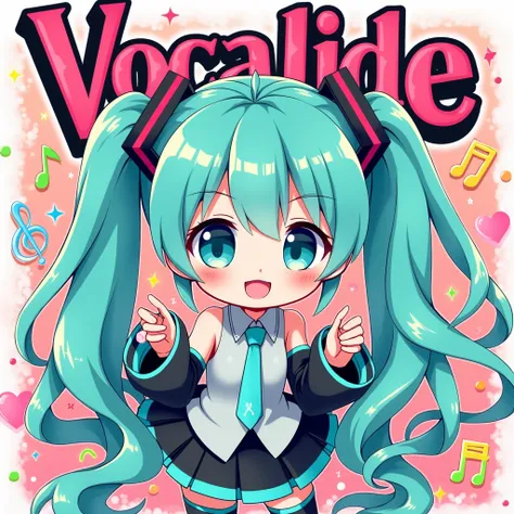 A cute illustration of Hatsune Miku surrounded by a vibrant music-themed background, featuring large text with the word Vocaloid in a stylish font, colorful musical notes and instruments, bright colors, anime style, dynamic composition