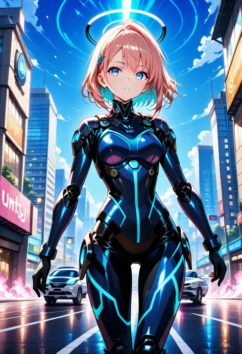 A young girl with mechanical prosthetics stands in a neon lit futuristic city, her eyes emitting a faint blue light, and behind her are towering skyscrapers and flying cars. The art style combines elements of science fiction and anime, with cool tones as t...