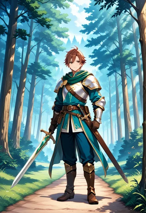 An adventurer holding a long sword and wearing light armor stands in a forest of another world, his gaze firm, with a winding path and unknown dangers behind him. The art style is full of adventure and fantasy colors, with green and brown as the main color...