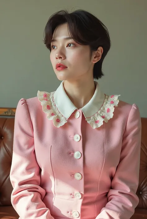  A Korean man is wearing a womens skirt suit, Vintage skirt suit ,  Hes a female man ,  He has big breasts like a woman ,  slightly plump feminine body,  His face is very masculine ,  His hair is masculine short ,  pink and white,  cute frill decoration , ...