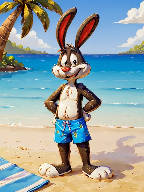 Cartoon rabbit in swimming trunks on the beach