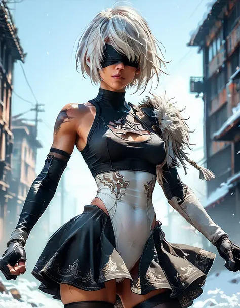 Subject: (1woman, 2B, Nier Automata 2B), appearance ((shoulder-length white hair in a bob style:2), blindfold over eyes, (ultra-detailed face), accurate face, ((black) tomboy style skirt:1.32), silver detailing on skirt, ((open-sided) leotard:1.39), sleeve...