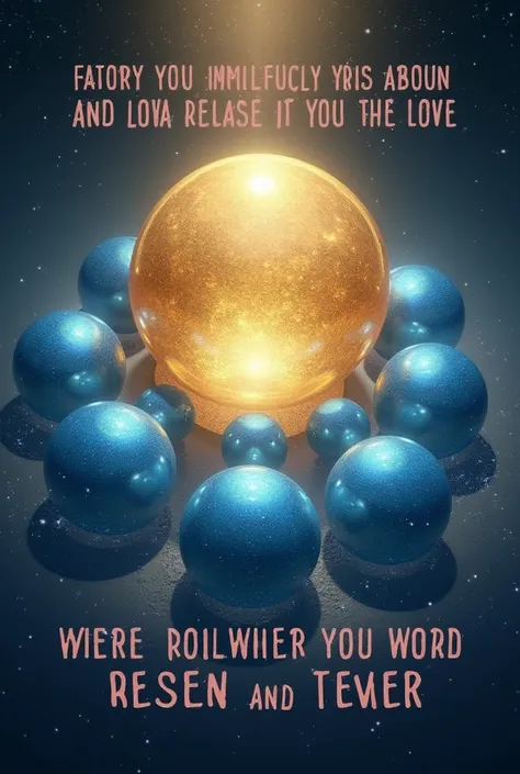  Write image title :  Do you want to eliminate from your life ,  from love ?  In white letters .
 Imagine under the title : 
Golden sphere .
 Inside the golden sphere 8 blue spheres
Write in pink letters:
 in sphere 1 blue Rencor , 
blue sphere 2 fear ,  
...