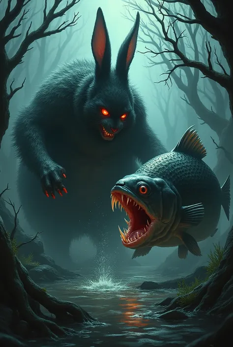 In a scary place, a big rabbit fights with a fish 