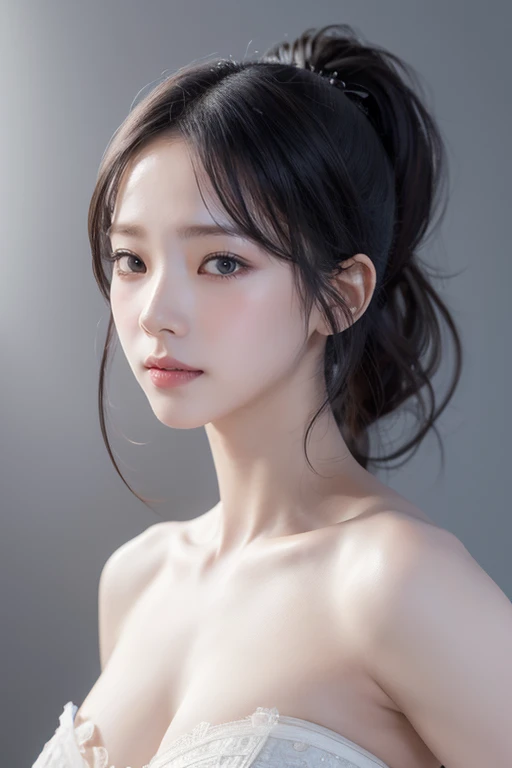 Cold girl,1girl,solo,realistic,black hair,high ponytail,looking at viewer,arms at sides,brown eyes,OceanHeart,upper body,collarbone,grey background,bare shoulders,simple background,small breasts,(closed mouth:1.3),breast slip,, best quality , masterpiece, ...