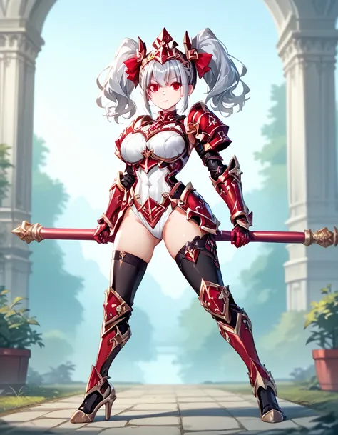  high image quality、  High Quality  、  petite girl with medium hair、  Silver Hair、  twin tails、 platform boots、Greaves、Stiletto heels、 princess your toddler、Mace、Sharp Eye、Crimson Eyes、Big Breasts、white bondage armor、