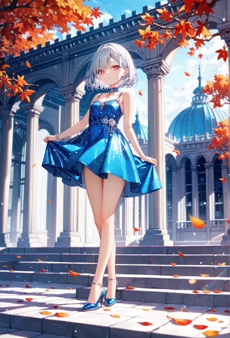 1girl, Alone,silver hair, red glowing eyes, bob cut  sharp facial features, small breasts,porcelain skin,sky blue Camisole Dress,high heels,,Luxurious dress,Gorgeous Embroidery dress,marble,Fluttering Petals, high resolution, Gothic Architecture,Autumn,Gin...